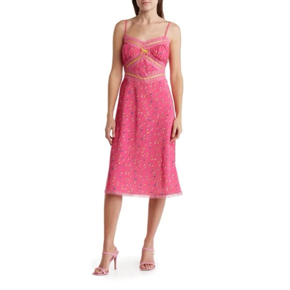 Betsey Johnson Hollywood Lace Trim Midi Dress Stargazer Pink Lime Size Large